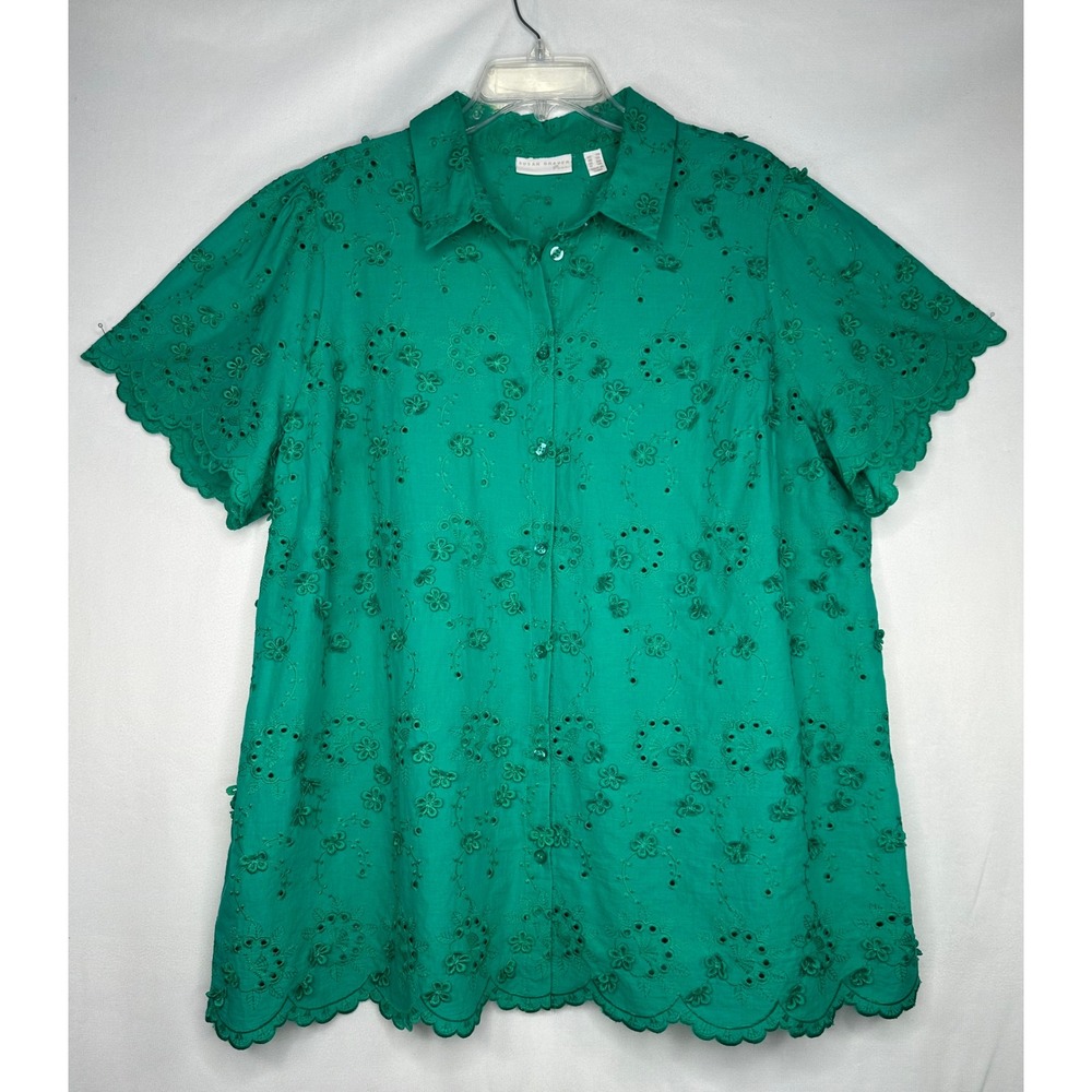 Susan Graver Pure Green Floral Eyelet Embroidered Scallop Hem Blouse Top 2X